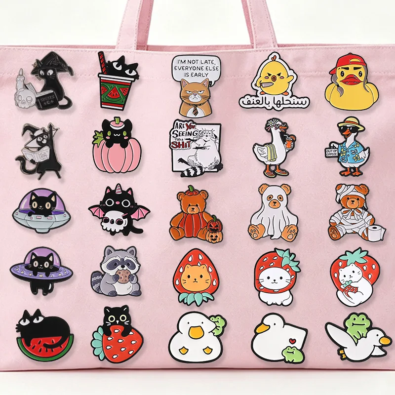 Cute Animal Enamel Pin Set Kawaii Cat Duck Bear Raccoon Brooch Lapel Badge For Backpack Jacket Bag Gift Accessory Decoration
