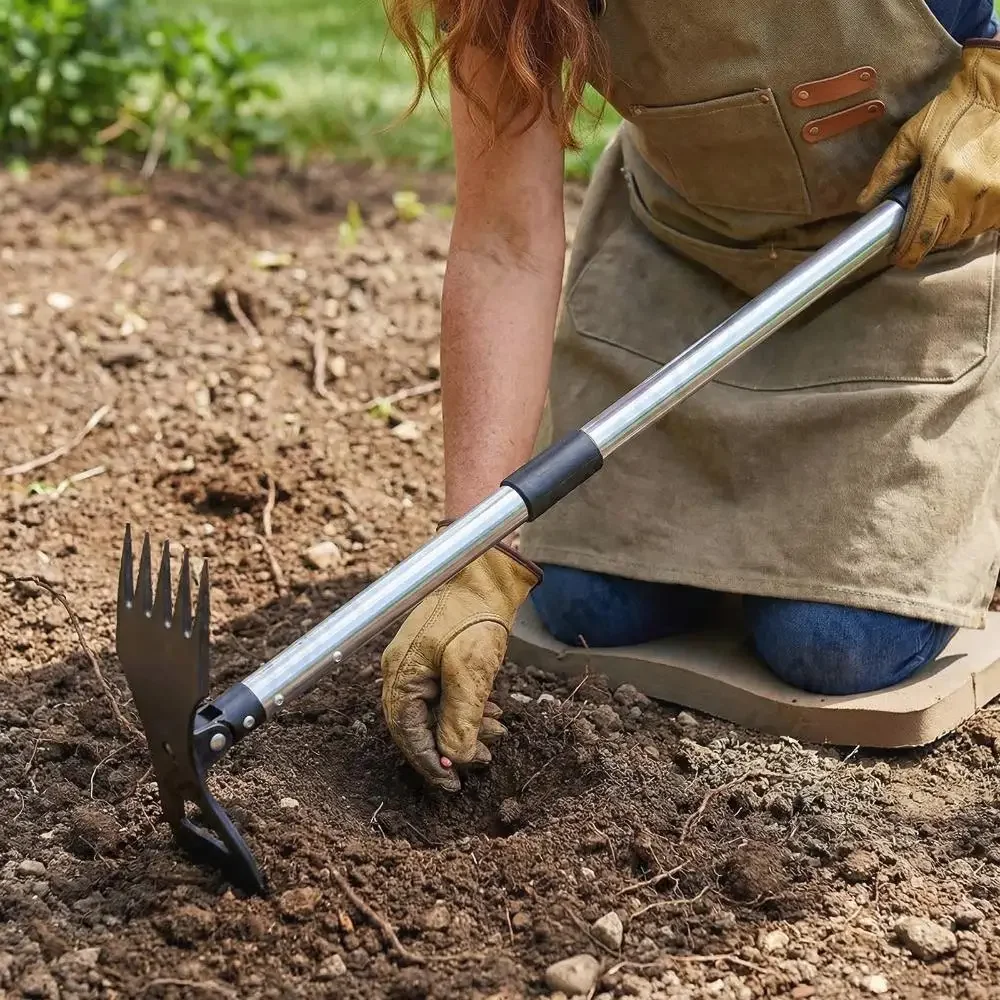 2 in 1 Stirrup Garden Hoe Lightweight Weeding Hoes Rake Handle Long Hand Weeder Tools for Cultivating Grass Removal Loosen Soil
