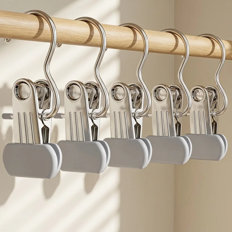 Stainless steel sock clip3Multi-functional clothes clip with hook, home use non-marking clothes hanger, storage clip
