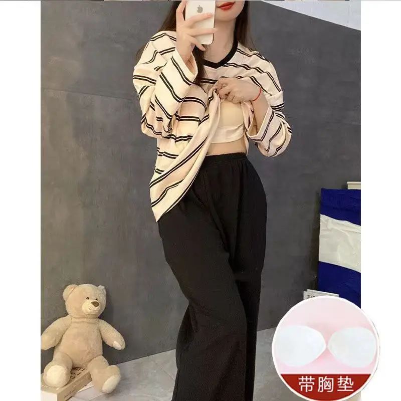 Women Spring Autumn Padded Stripe Pajamas Girls Student Long-Sleeve Pants Homewear Soft Woman Loungewear Breathable Ladies Lady