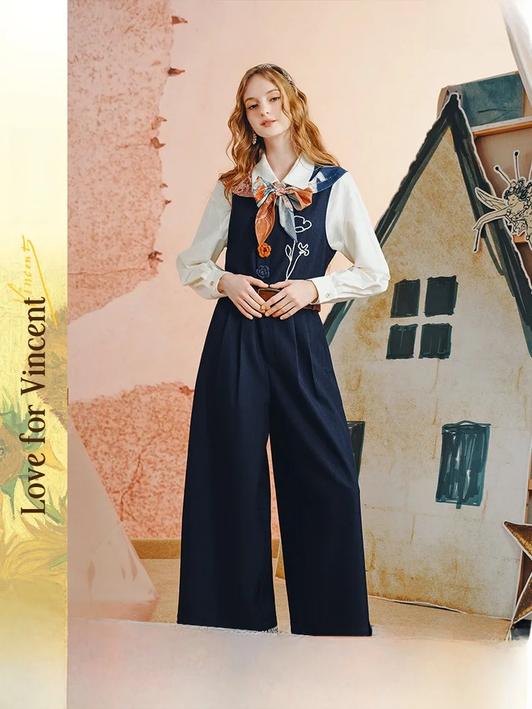 

Женский комбинезон с широкими штанинами, свободный крой, с цветочным узором, длинные брюки, осень-зима, новинка, универсальный, со средней талией, декорированный комбинезон