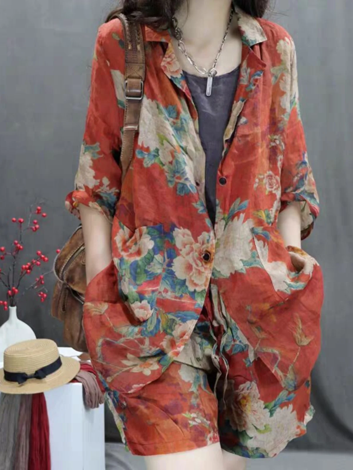 Set Linen Katun Wanita Musim Panas Baru Longgar Ringan Viscose Cetak Retro Sle Faionable Setelan Dua Potong Ele Dra