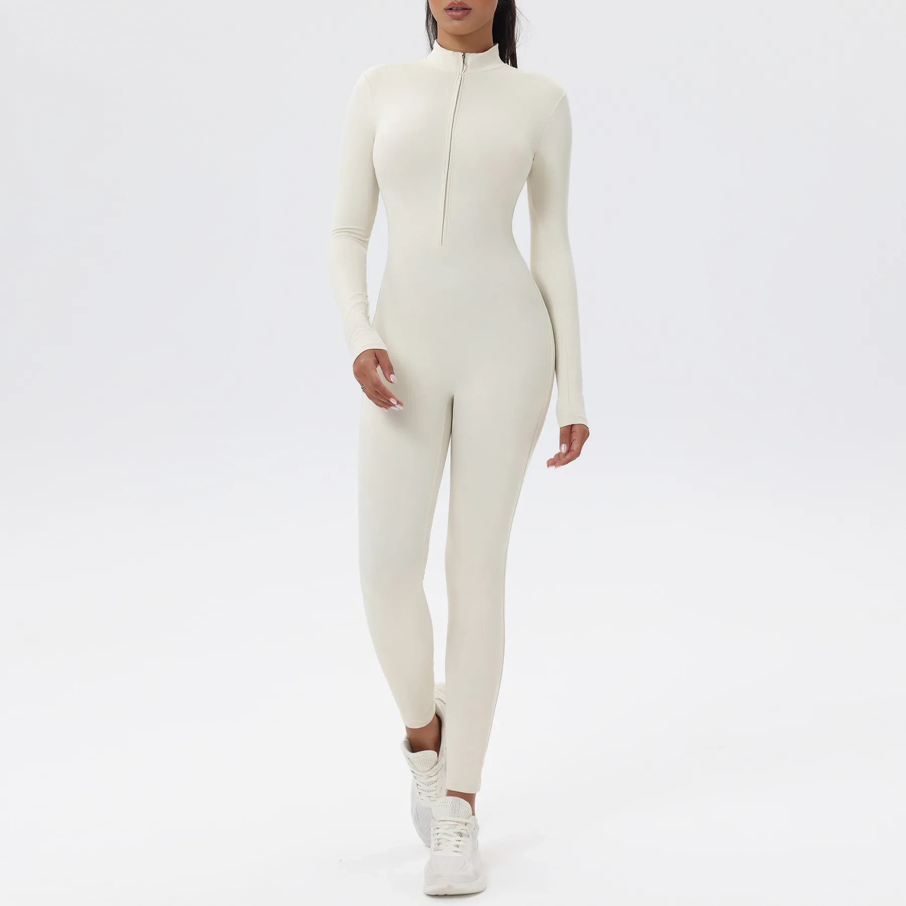 Combinaison pantalon à manches longues zippée, style européen et américain, coupe slim, effet push-up, vêtements de sport et de yoga.