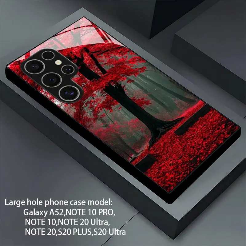 A Tempered Glass Phone Case Designed with a Pattern of Trees Covered in Red Leaves, Compatible with Samsung Galaxy S25 Plus/S25