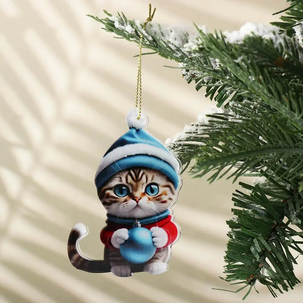 2D Christmas Cat Ornaments Decorative Acrylic Christmas Tree Hanging Pendant Hanging 8cm Cat Hanging Decoration Xmas