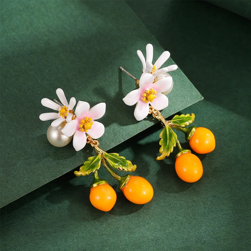 

Forest Sweet Cute Enamel White Pearl White Gardenia Flowers Yellow Tomato Persimmon Tassel 925 Sterling Silver Needle Earrings