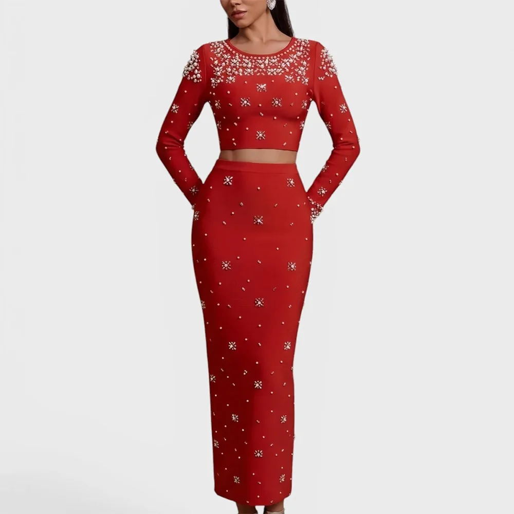 Luxurious Heavy-duty Rhinestone Bandage Set Long Sleeve Belly-baring Top + High Waist Long Skirt Celebrate Club Beading Clothing