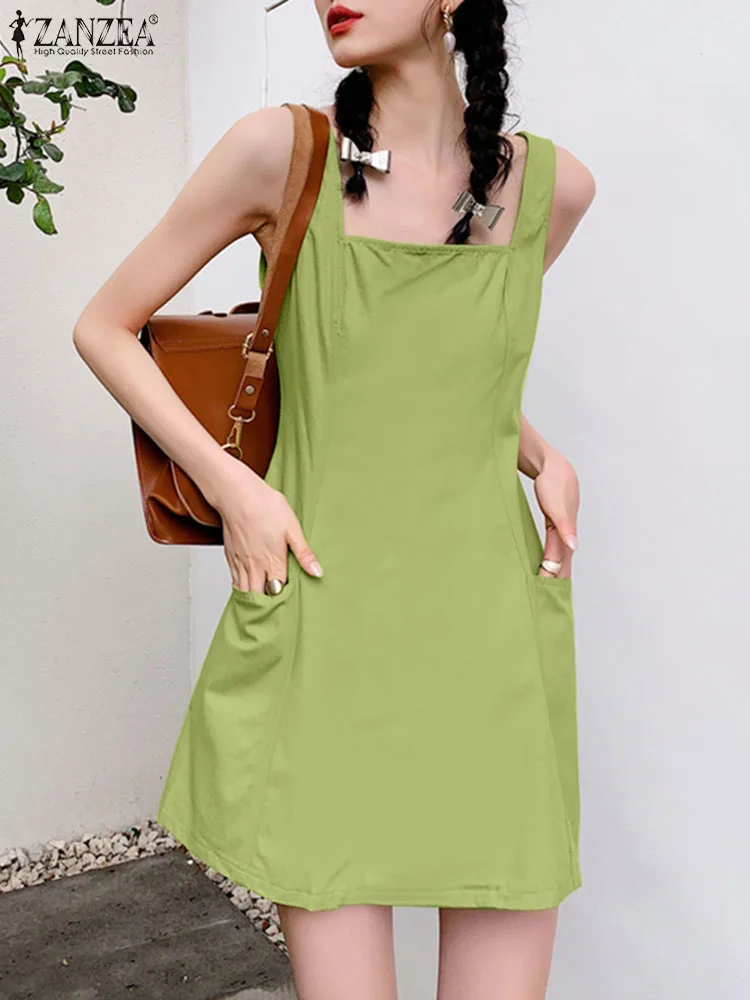 ZANZEA 2024 Korean Women Fashion Tank Dresses Summer Causal Cute Sleeveles Vestido Front Pockets Square Collar A-Line Mini Dress