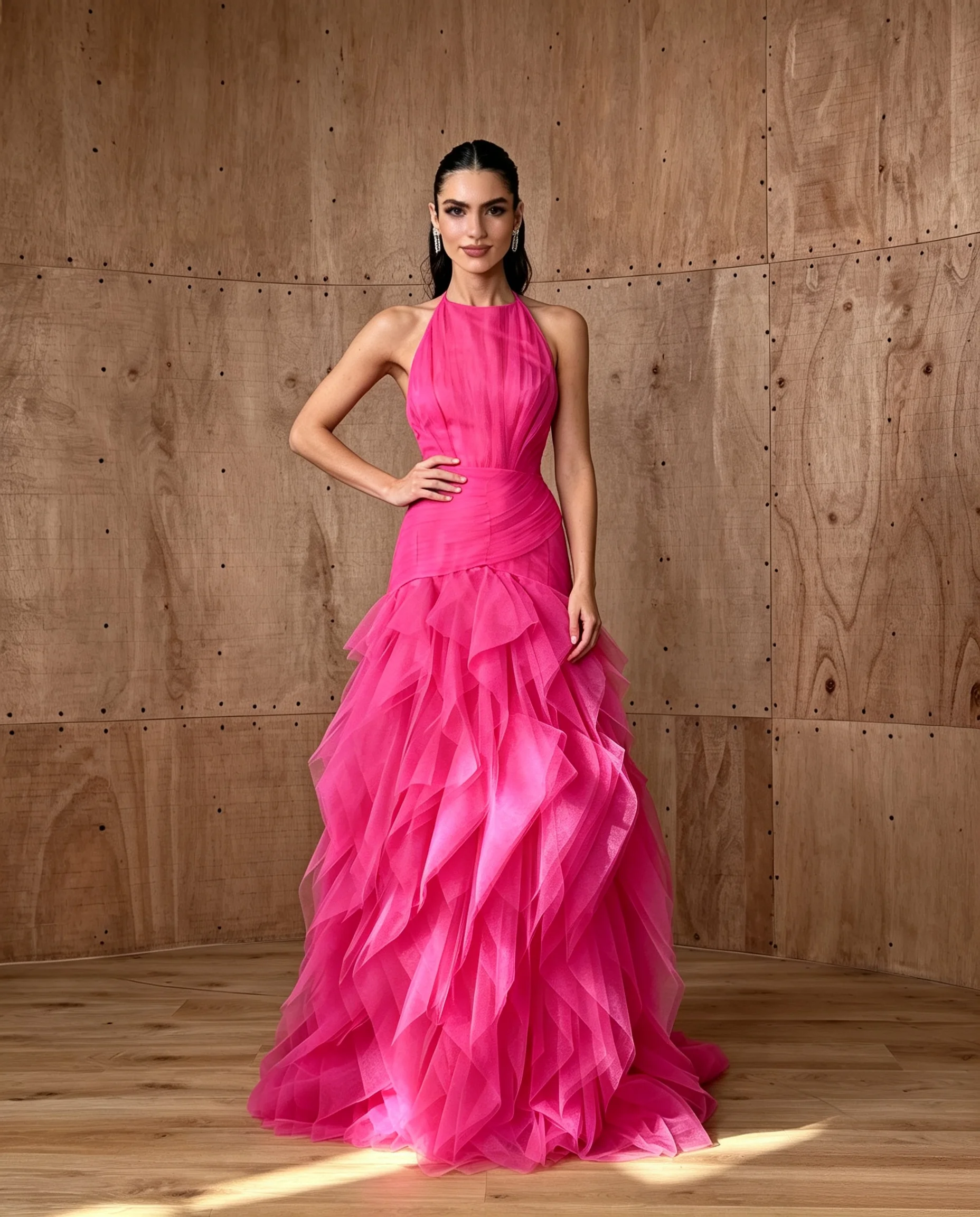MAE Customized Hot Pink Halter Neck Multi-Layered robes de soirée Mesh Fabric A-line Party Dresses Floor-Length Prom Dress 2025