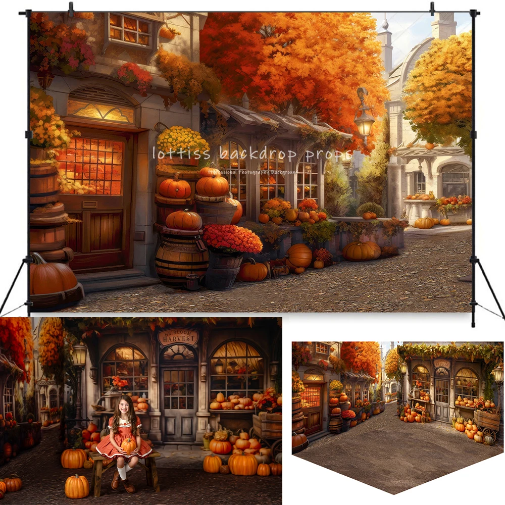 Autumn Harvest Street Backdrop Kids Photography Child Adult Photocall Props Baby Birthday Fall Farm Halloween Pumpkin Background