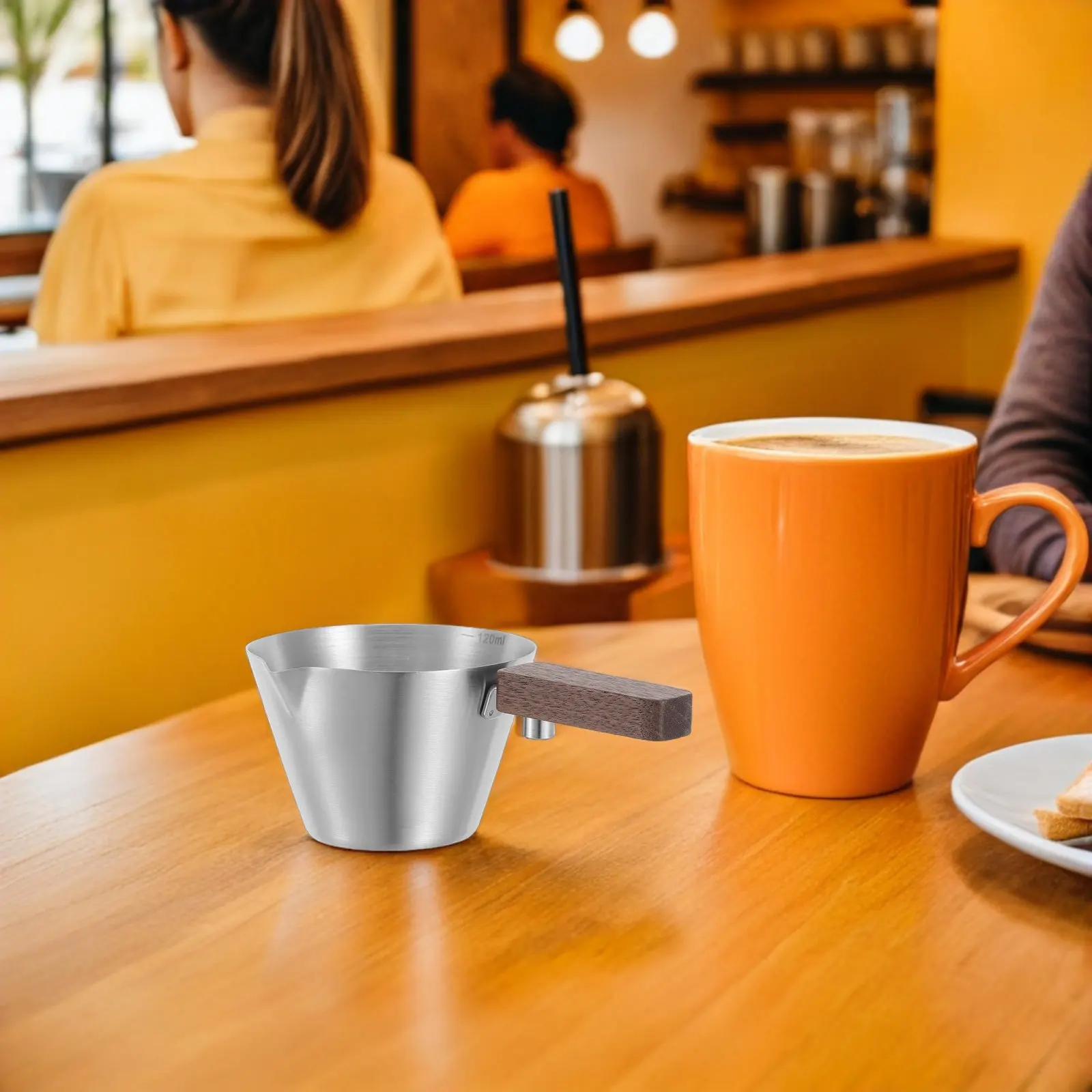 4 Oz 120Ml Stainless Steel Espresso Measuring Cup with Wooden Handle for Precise Coffee Extraction Graduated Scale Coffee Bar