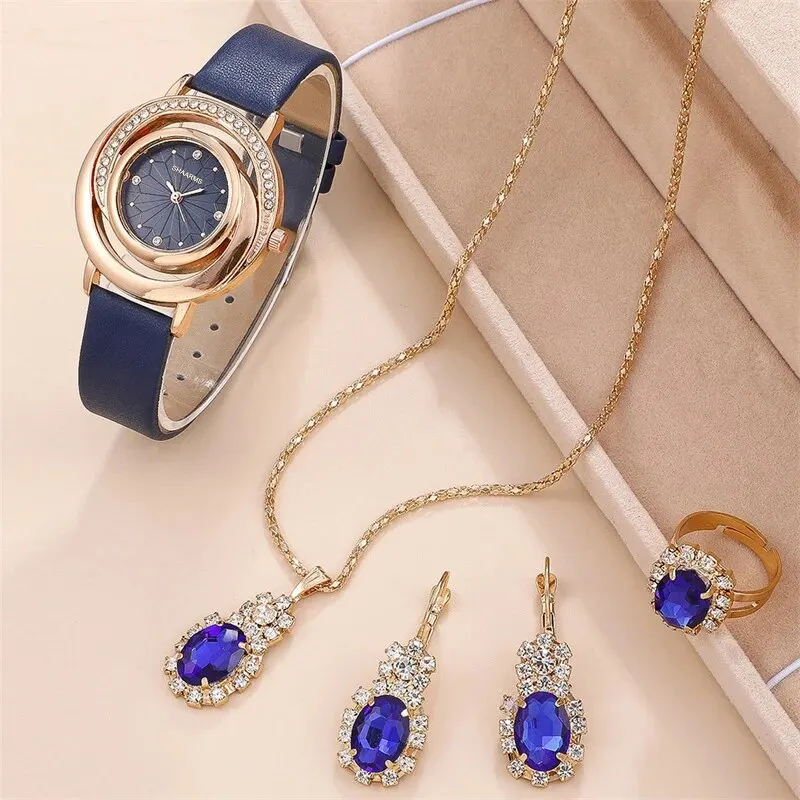 5PCS Set Luxury Watch Women Ring Necklace Earring Rhinestone Fashion Wristwatch Casual Ladies Watches Set Clock