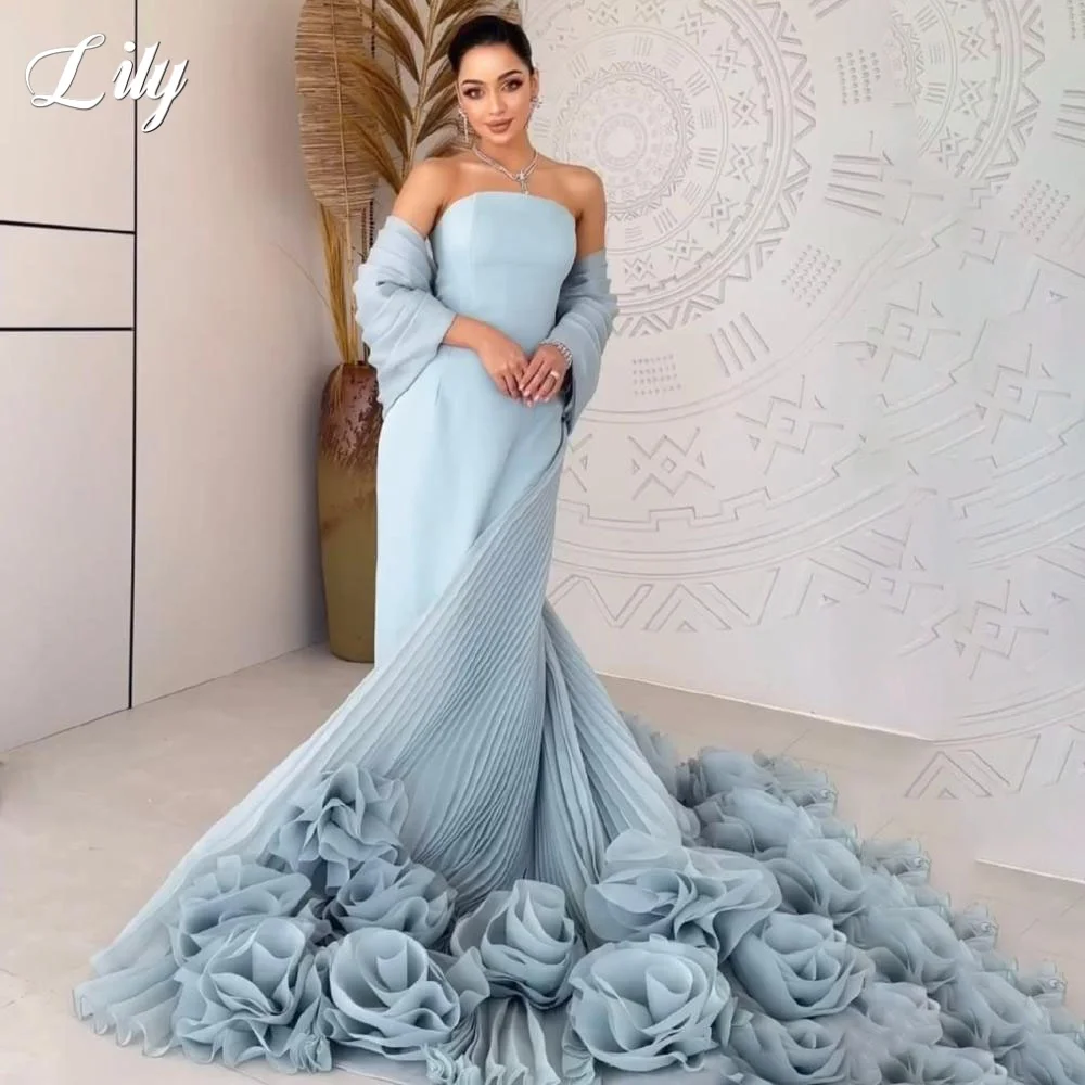 

Lily Sky Blue Formal Gowns Strapless Simple Evening Gown Flowers Trumpet Pleats فساتين السهرة Party Dress Customized
