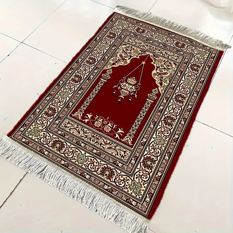 VIKAMA Elegant Deep Red Fringed Muslim Prayer Mat – Portable Travel and Home Prayer Mat for Religious Pilgrimage and Worship
