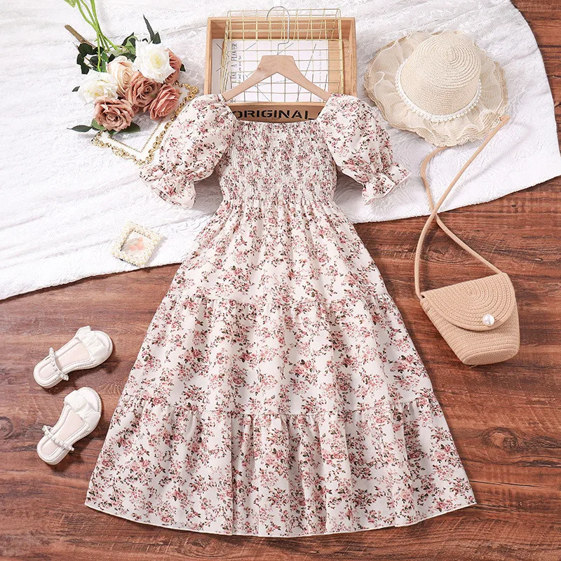 

Kids Casual Dress for Girls Clothes 2024 New Summer Sundress Children Fashion Floral Print Short Sleeve Princess Dress 7-12Y