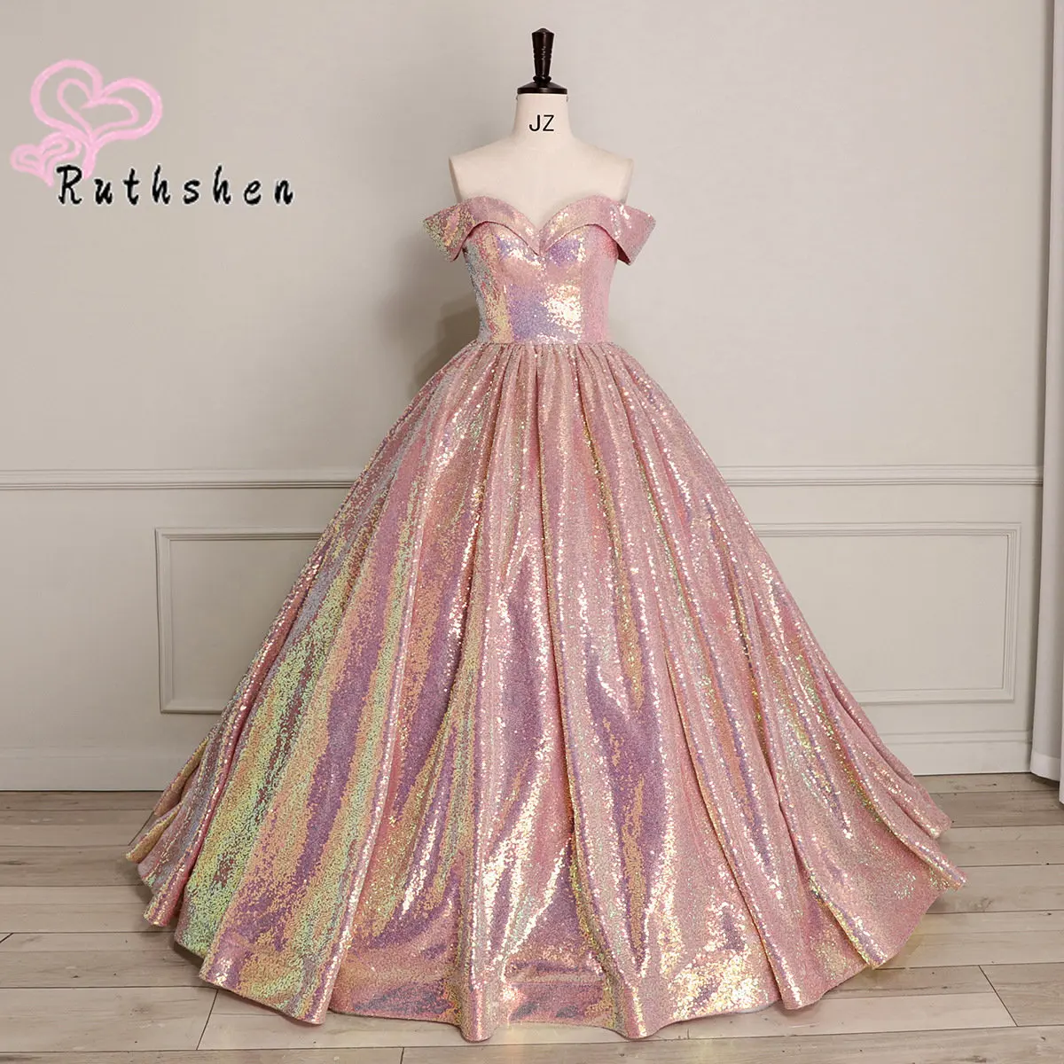 Customized Gorgeous Pink Sequin Off the Shoulder Ball Gown Evening Dress for Formal Party Prom