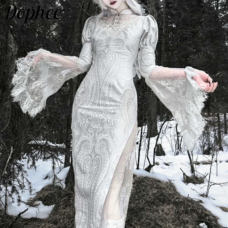 Dophee Original Subcultural Gothic Jacquard Velvet Cheongsam Dress Elegant Lace Embroidery Fly Sleeve Mid-long Fish Tail Dress