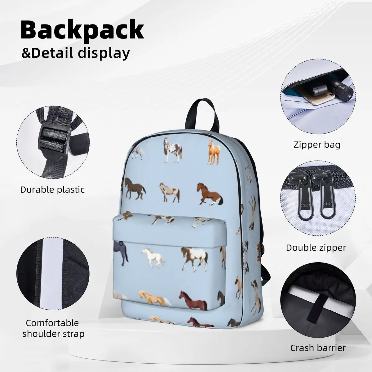 USA Horse Breeds Pattern Backpacks Large Capacity Student Book bag Shoulder Bag Travel Rucksack Waterproof Children School Bag