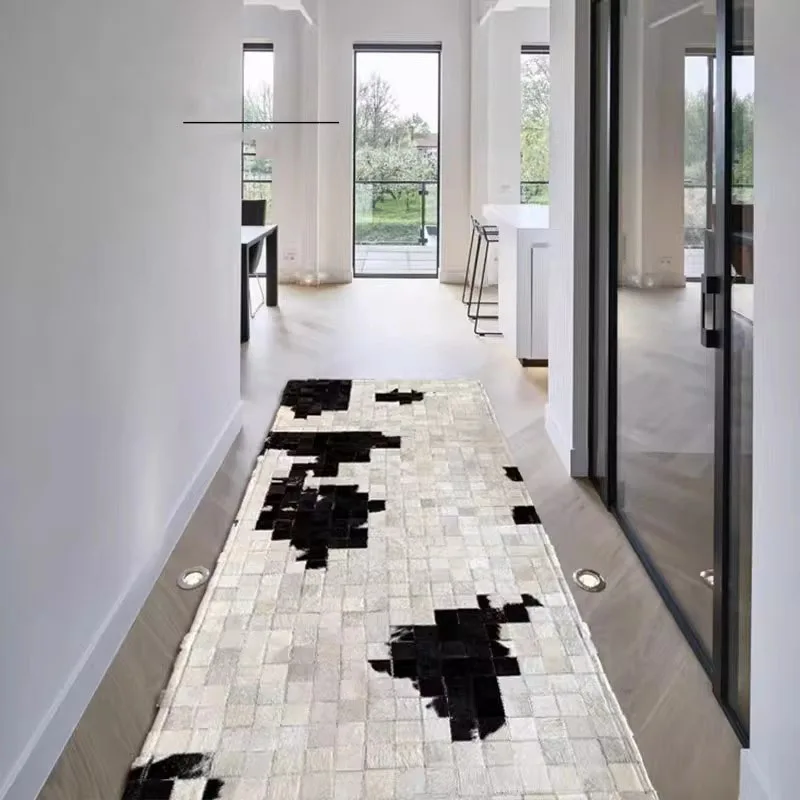 Real Cow Hide Carpet for Hallway Bedside Rug Black White Simple Long Runner Rug Home Decor Luxury Living Room Area Rug Bedroom