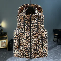 2026 New Leopard Print Men's Cotton Padded Vest Hooded Waistcoat Men Thick Warm Sleeveless Jackets Male Winter Casual Coat