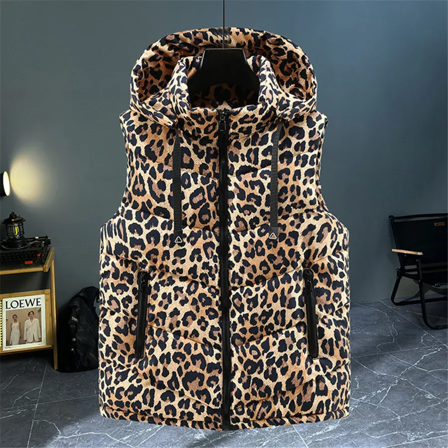 2025 New Leopard Print Men's Cotton Padded Vest Hooded Waistcoat Men Thick Warm Sleeveless Jackets Male Winter Casual Coat