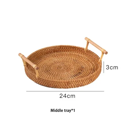 

Round Wicker Basket Handwoven Tray Rattan Storage Tray With Wooden Handle Bread Food Plate Fruit Cake Platter Dinner Food Tray