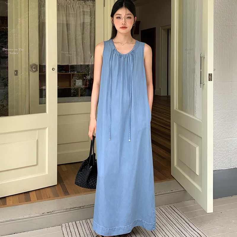 

2024 Vintage Wine Loose Casual Sleeveless Women Denim Dress Lazy Style Lace-up Korean Chic Versatile Vest Long Dress Summer