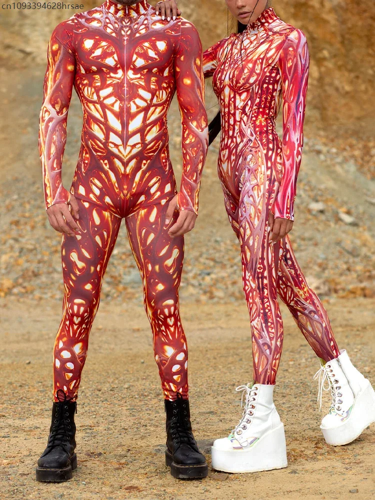 

A Men Women Couples Lover Fire Magician Cosplay Jumpsuit Halloween Burning Desire Print Zentai Suit Holiday Party Morphsuit Rave
