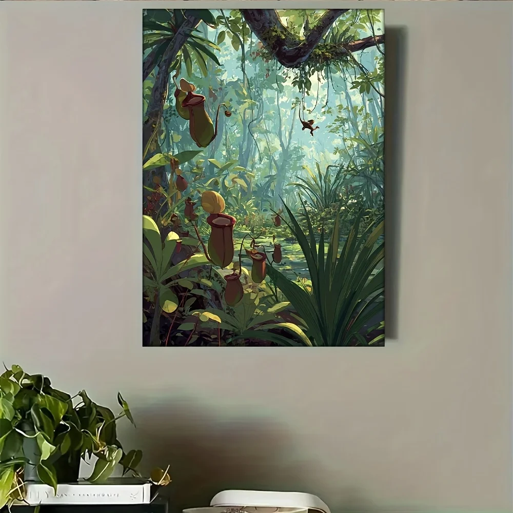(No frame)Rainforest floor with pitcher plants, a monkey swinging from a nearby vine12x16 Inch 2D Flat 1pc with Frame, 2D Fla