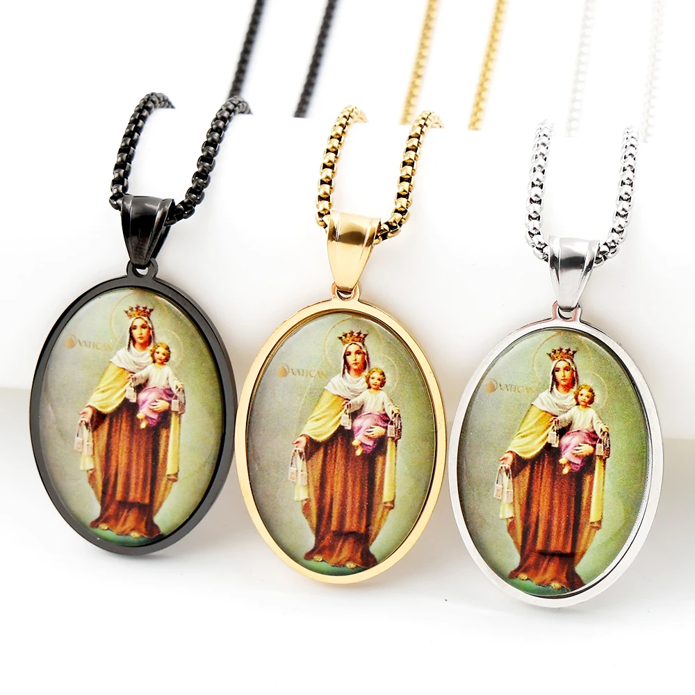 Virgin Mary Hold Baby Jesus Glass Medal Pendant Necklace for Women Men Stainless Steel Gold Color Catholic Amulet Chain Jewelry