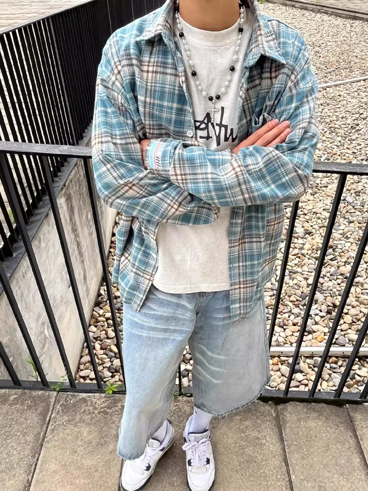 

Мужская верхняя одежда в клетку в американском стиле ретро Long Sve Summer Cleanfit, модная брендовая японская верхняя одежда для пар, дышащая полиэтиленовая одежда...