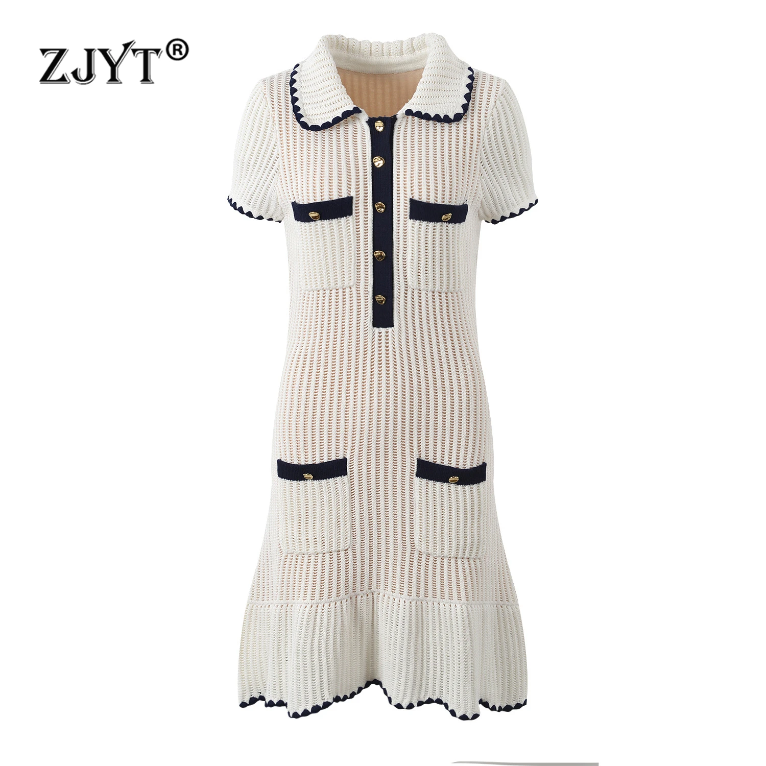 ZJYT Fashion Summer Women\'s Mini Knitting Dress Hit Color White Short Sleeve Eegant Dresses Female Clothing 2024 New Designer