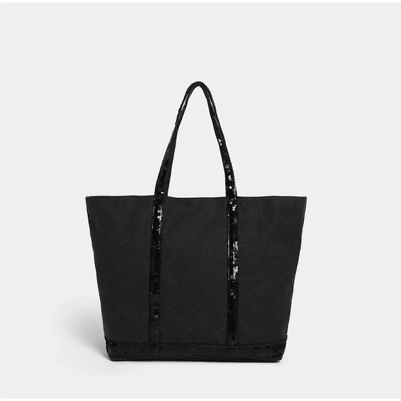 Pailletten-Canvas-Einkaufstasche mit Reißverschluss, große Kapazität, Vintage-Kontrastfarbe, Damen-Umhängetasche, Designer-Pendler-Alltagshandtasche, Schwarz – Detail 11