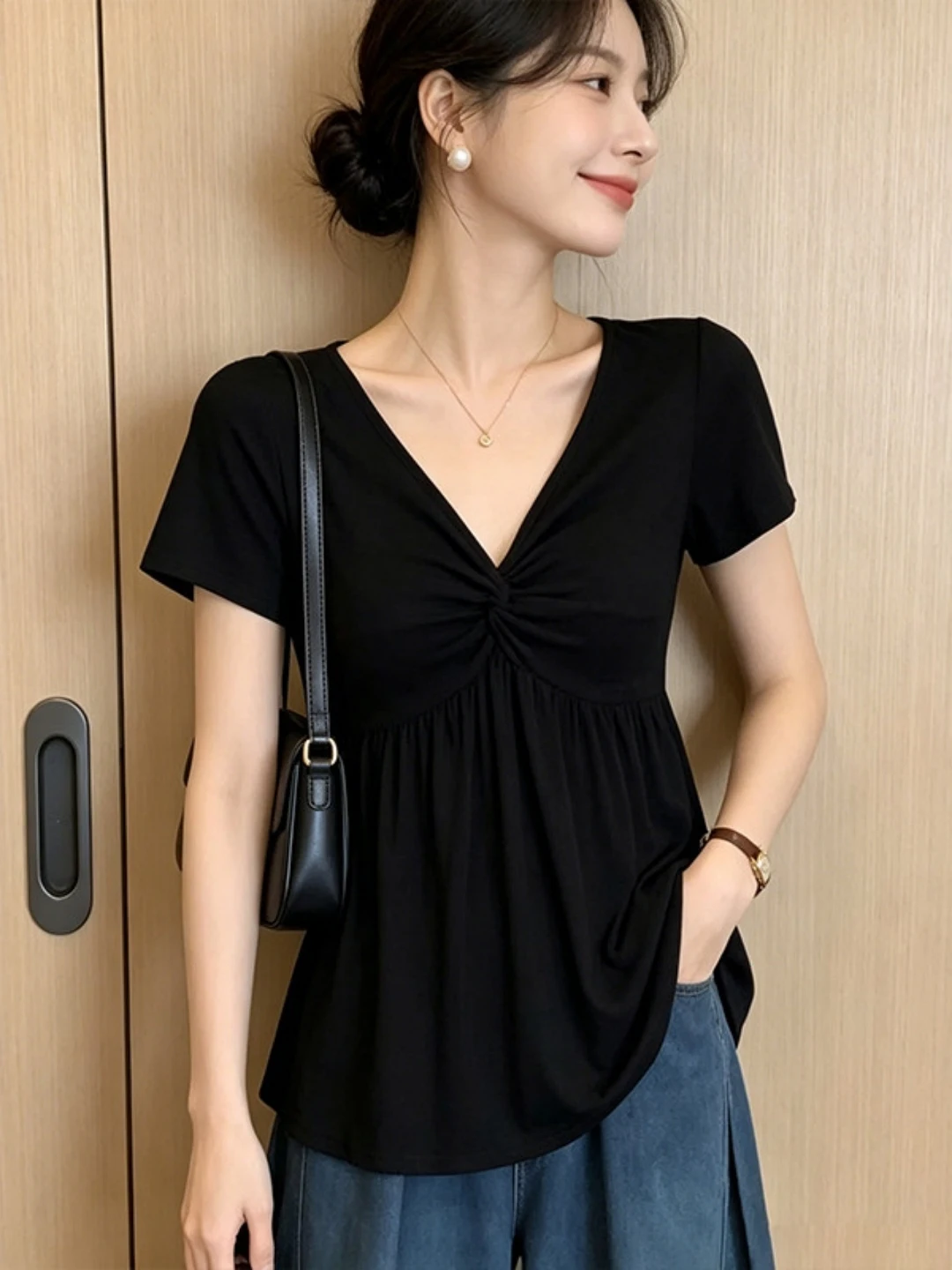 Korean Style plus Size Women's T-Shirt Loose Fit Short Sleeve V-Neck Gathered Doll Shirt Summer Slimming Versatile Top