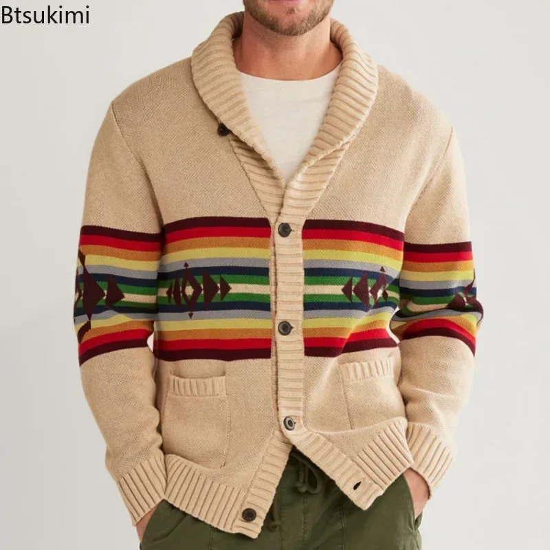 

2025 Men's Knitted Sweater Long Sleeve Casual Streetwear Cardigan Button Down Lapel Print Coat Winter Vintage Luxury Clothing