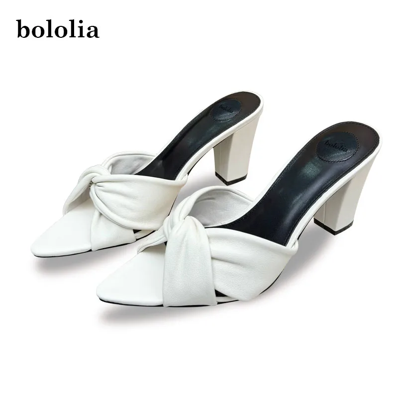 

High Quality Women's Slippers High Heels Genuine Leather Pointed Toe Sexy Party Chunky Heel Slipper Fashion Street Style Slipper