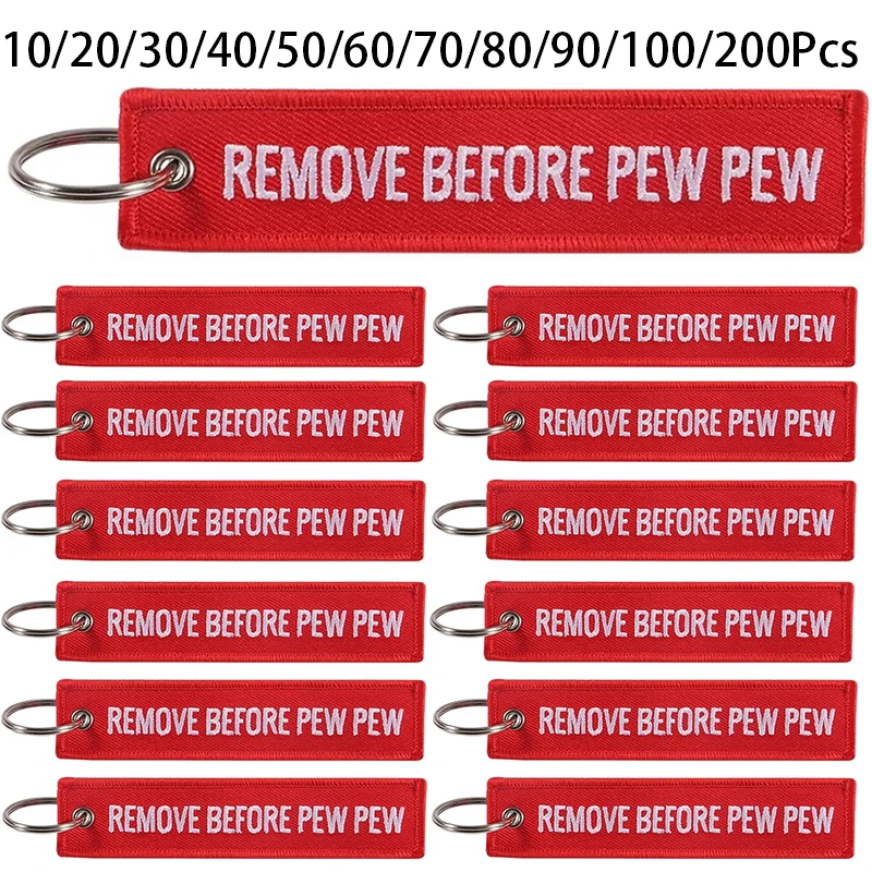 10-200Pcs REMOVE BEFORE PEW PEW Keychains for Driver Biker Motorcycle Motorbike Car Keychain Key Tag Chain Fob Ring