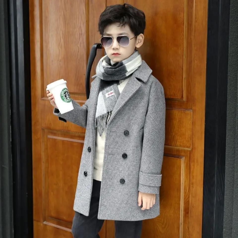 

Boys Woolen Blends Coats for Autumn Winter 2023 New Fashion Solid Cotton Warm Turn Collar Long Outerwear Children's Clothes B19