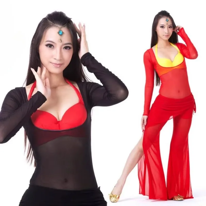 Leotardo de una pieza para mujer, Tops cortos de manga larga para danza del vientre, accesorios para danza del vientre, mono, camisa de fondo, Ropa de baile