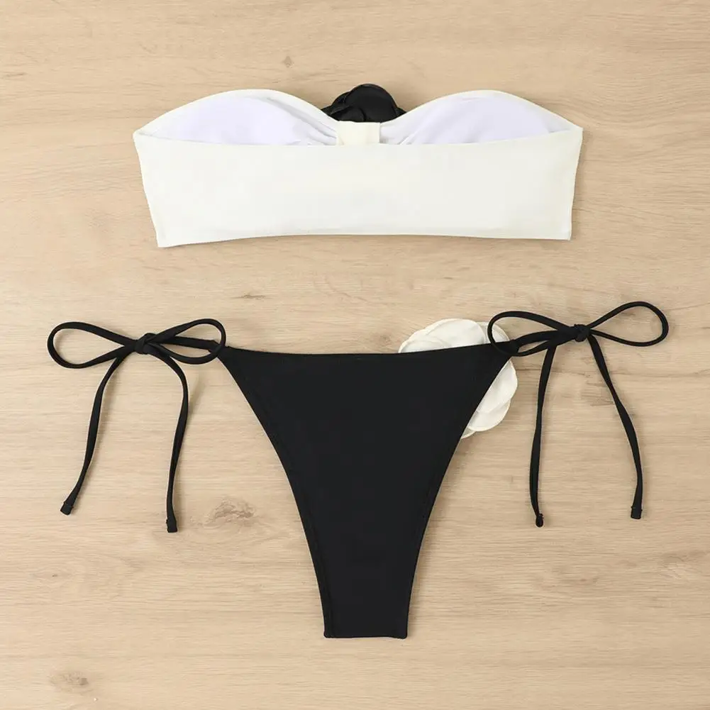 Breathable Fabric Bikini Off Shoulder Lace-up Bikini Set with Fake Flower Decor Color Matching Patchwork Soft Wireless for Women