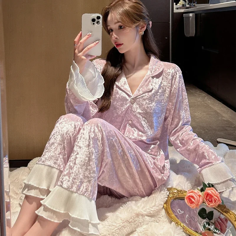 Sleepwear Women's Clothes Suits Winter Thick Cardigan Korea Home Simple Cozy Loose Casual Skinny Warm Temperament Sweet Sexy