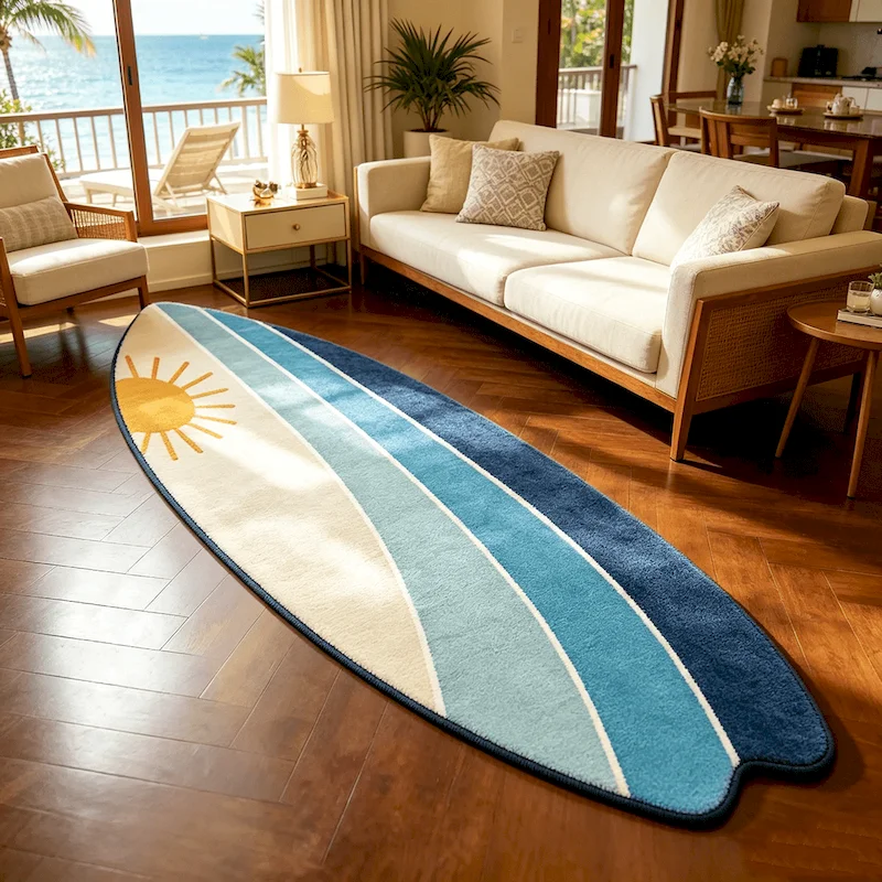 VIKAMA Surfboard Shape, Sunshine Print Area, Soft And Non Slip Carpet, Creative Striped Running Blanket Home Decoration