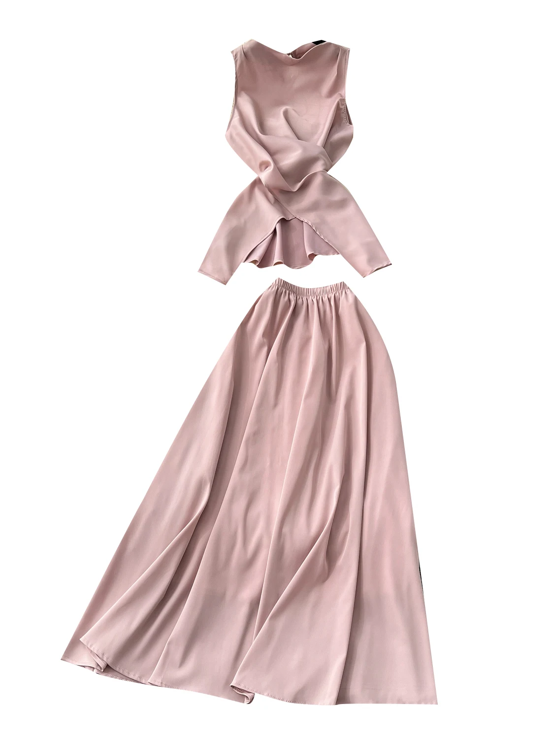 

Ele Two-Piece Women's Summer Design Sense Belted Waist Split Satin Top High Waist Full Skirt Faionable Ensemble