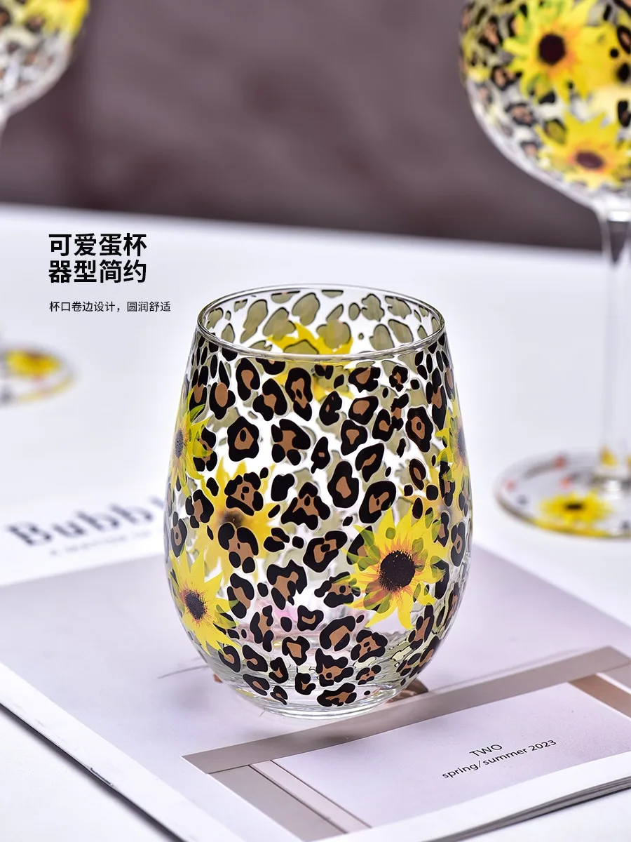 

Creative Leopard Print Sunflower Painted Glass Cup Light Luxury Goblet Wine Glass Kitchen Party Drinking Glasses Home Decoration