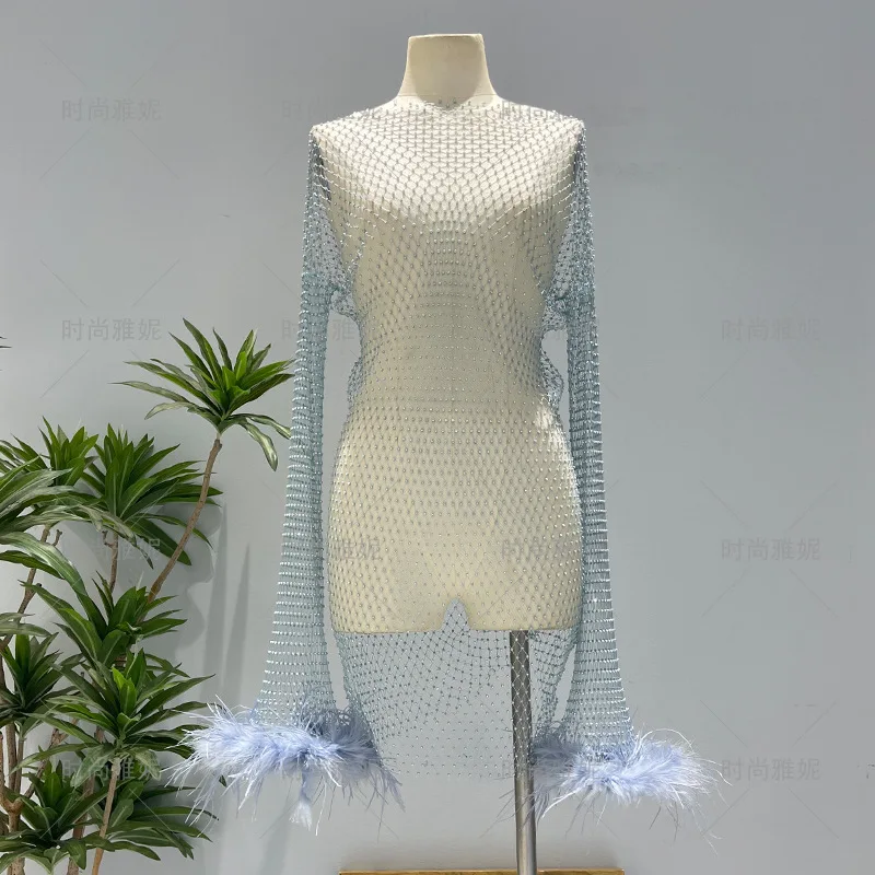 Fashion Heavy Industry Diamond-encrusted Ostrich Fur Blouse One-word Collar Top Hollow Perspective Fishnet Female Nightclub