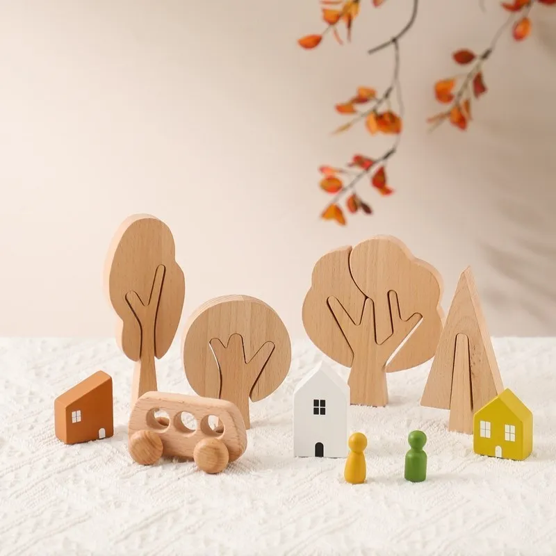 Giocattolo da costruzione in legno per bambini albero da colorare fai da te educativo gioco di Puzzle Montessori regali decorazione della stanza puntelli fotografici