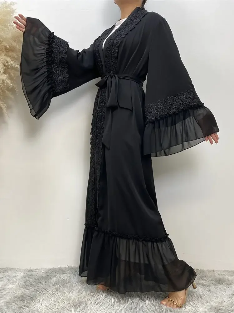 Eid Muslim Black Abaya for Women Djellaba Morocco Dress Dubai Embroidery Flare Sleeve Lace Abayas Dubai Islam Robe with Belt