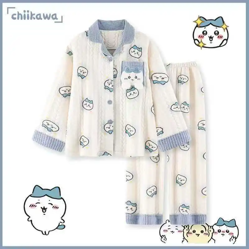 Chiikawa Cartoon Paar Pyjamas Herbst Winter Verdickte Reine Zwischenschicht Baumwolle Niedliche Hachiware Air Cotton Homewear