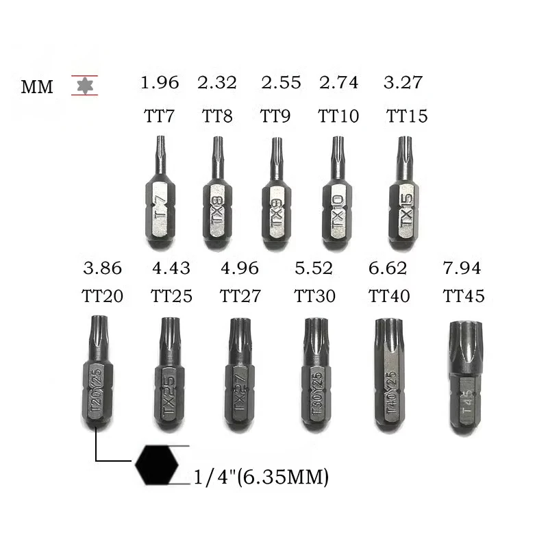 11PCS 25MM Torx Screwdriver Bit TT7-TT45 Set Repair Tools Kit 1/4