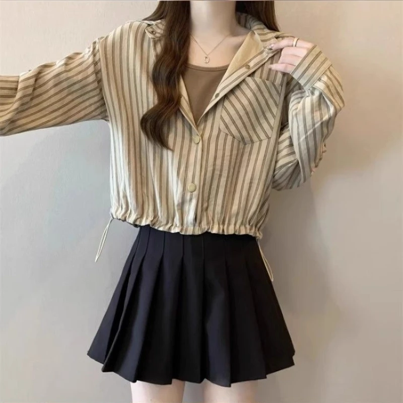 Camisas de manga larga fruncidas a rayas para mujer, blusa informal para primavera y otoño, Tops de Joker diarios coreanos a la moda para mujer 2025